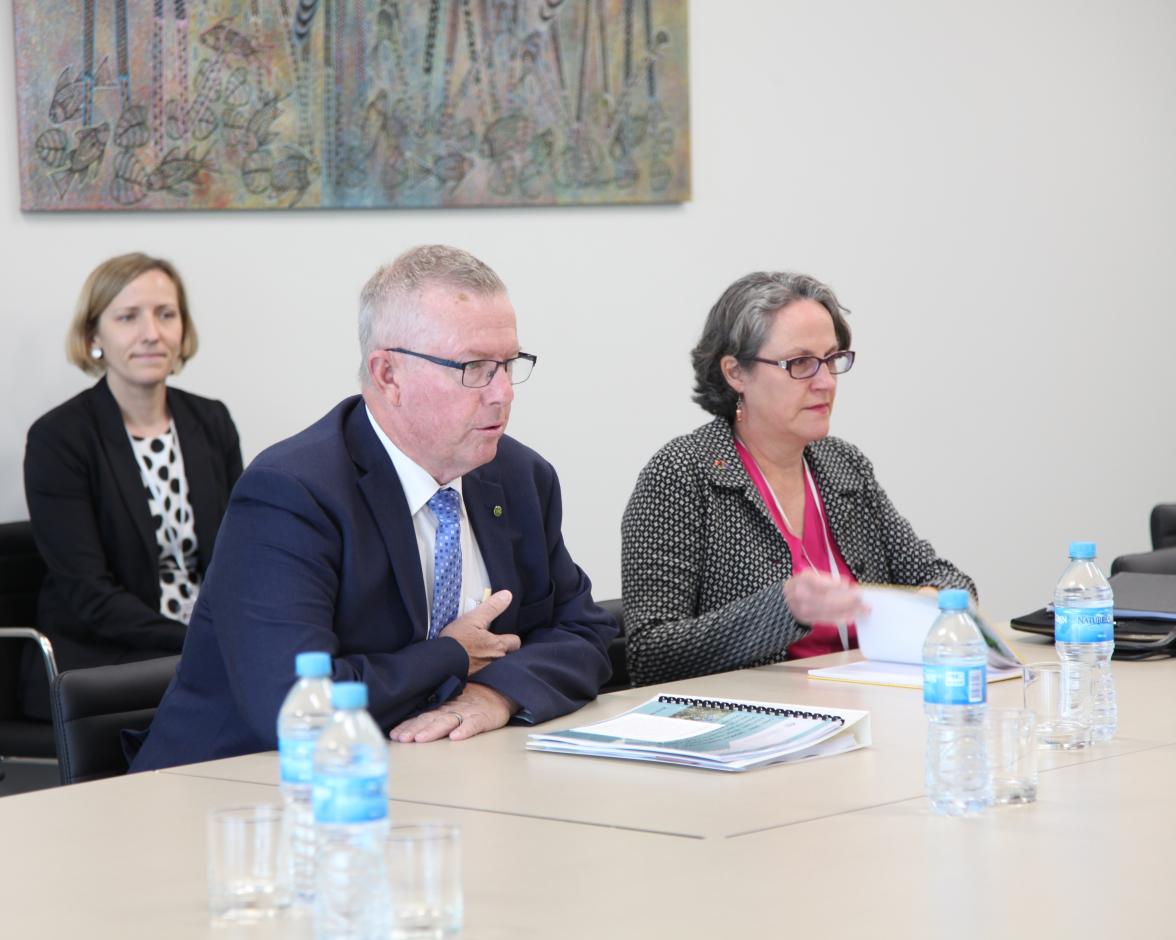 Assistant Minister for Trade and Investment Mark Coulton and Deputy High Commissioner to PNG, Caitlin Wilson in a Bilateral Meeting with PNG’s Foreign Minister Soroi Eoe. Credit: DFAT