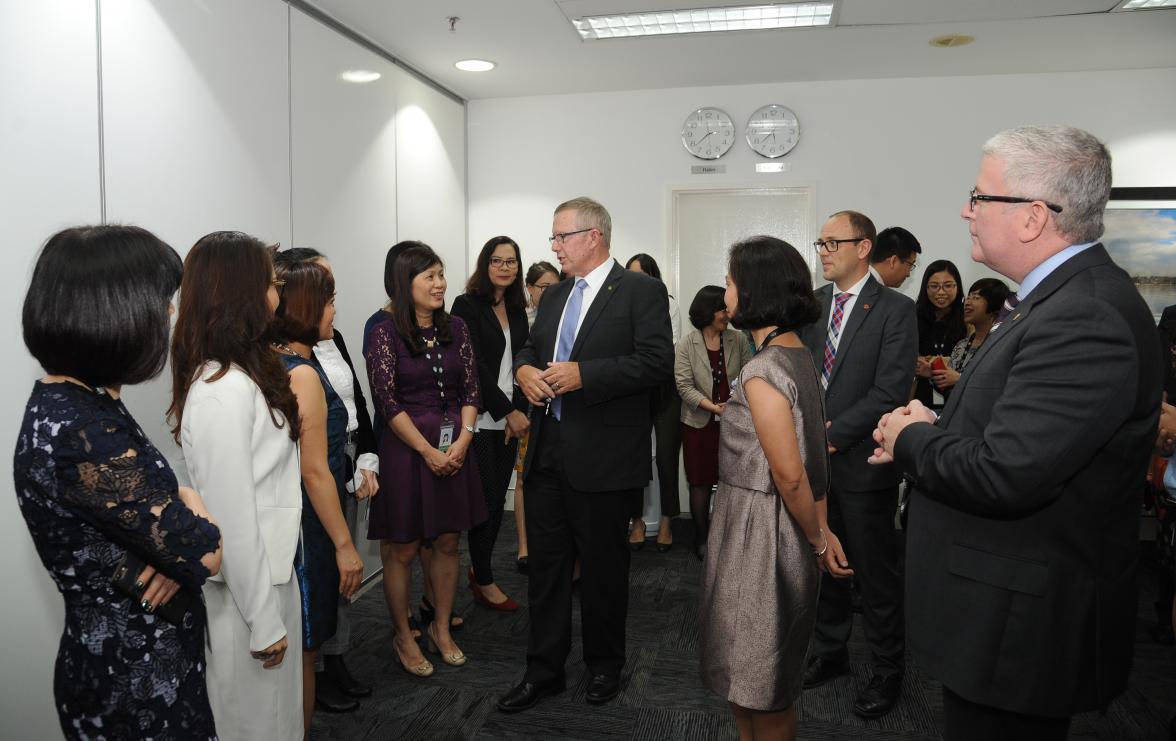 Assistant Minister Mark Coulton meets staff from the Australian Embassy Hanoi on 4 April 2018.