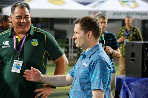 Minister Hawkes speaks with Australian PM’s XIII men’s coach Mal Meninga. Credit: Corporal Veronica O'Hara