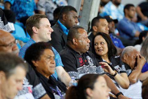 Minister Hawke watches the PM’s XIII rugby league from the grandstands with Fiji’s Foreign Minister, Hon. Inia Seruiratu and Minister for Education, Heritage and Arts, Hon. Rosy Akbar. Credit: Corporal Veronica O'Hara