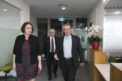 Assistant Minister Mark Coulton inspects the RMIT Vietnam campus with Jan Clohessy, Executive Director (Engagement) and Ambassador Craig Chittick on 5 April 2018.