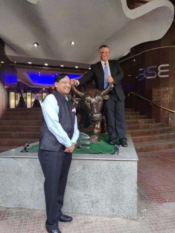 In front of the Bull Statue, Bombay Stock Exchange (BSE), following a meeting with the BSE Institute, 16 January 2019